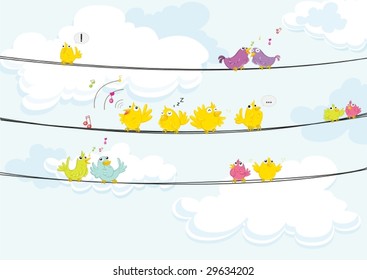 illustration of birds singing while perched on a wire