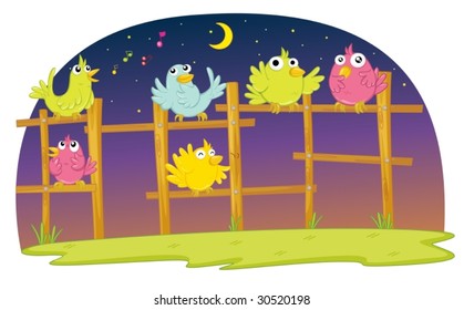 Illustration of birds sitting on a fencing