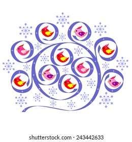 Illustration of birds with the snowflakes