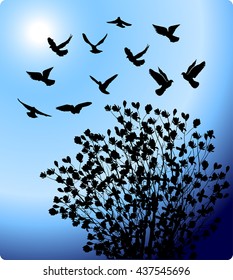 illustration with birds and tree branches on blue background
