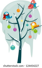 Illustration of Birds Wearing Scarves Perched on a Frozen Tree Decorated with Christmas Baubles