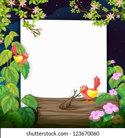 Illustration of birds and a white board in a beautiful dark night