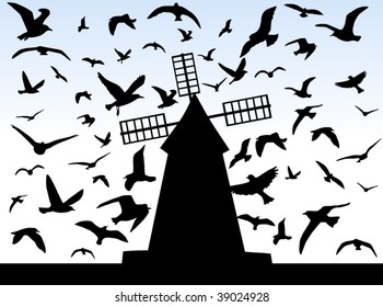 Illustration of birds and windmill