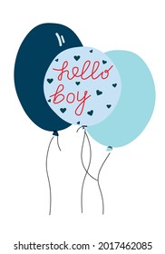 An illustration for the birth of a boy. Welcome to this world baby. Blue balloons and an inscription about the birth of a child