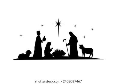 Illustration Birth of Christ silhouette, Christmas christian nativity scene