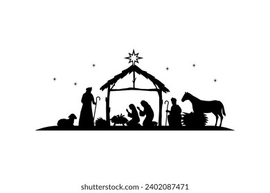 Illustration Geburt Christi Silhouette, Christliche Weihnachtskrippe-Szene