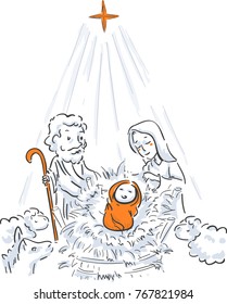 Illustration of the Birth of Jesus Christ, with Joseph and Mary and Animals in the Stable
