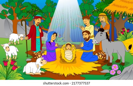 illustration of the birth of Jesus, good for children's Bibles, Christian religious books, posters, websites, printing and others