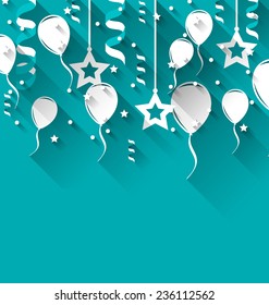 Illustration birthday background with balloons, stars and confetti, trendy flat style - vector