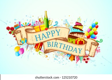 illustration of birthday background with objects around ribbon