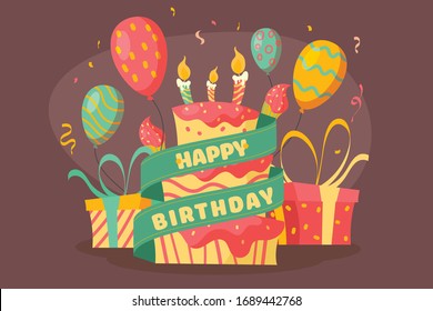 illustration of birthday cake with bunch of colorful balloon and gift box