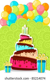 Illustration Of Birthday Cake With Bunch Of Colorful Balloon And Gift Box