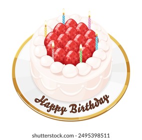 Illustration of a birthday cake with candles_Strawberry whole cake_Anime style