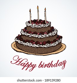 Illustration of a birthday cake.  Illustration for greeting cards, invitations, and other printing projects.