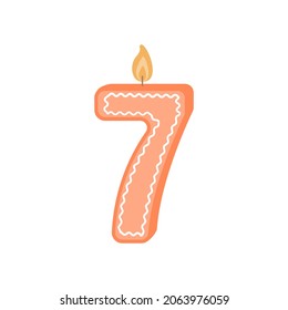 Illustration of a birthday candle number. Candle with number 7. Orange candle on the seventh birthday. Vector illustration on a white background isolated in a flat cartoon style.