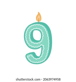 Illustration of a birthday candle number. A candle with the number 9. A green candle for the ninth birthday. Vector illustration on a white background isolated in a flat cartoon style