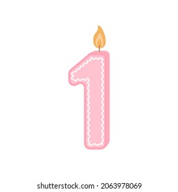 Illustration of a birthday candle number. The number one candle. A candle for a girl on her first birthday. Vector illustration on a white background isolated in a flat cartoon style.