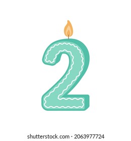 Illustration of a birthday candle number. The number two candle. A green candle for the second birthday. Vector illustration on a white background isolated in a flat cartoon style.