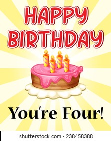 Illustration of a birthday card with cake and four candles