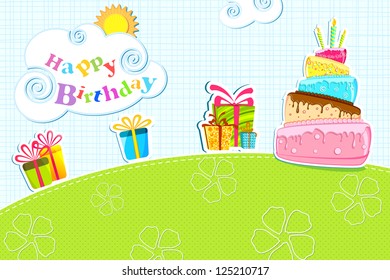 illustration of birthday card with cake and gift box