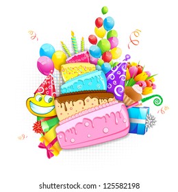 illustration of birthday card with cake,balloon and gift boxes