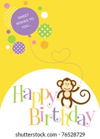 Illustration of a birthday card with a cute monkey and balloon