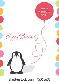 Illustration of a birthday card with a cute penguin and balloon