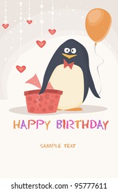 Illustration of a birthday card with a cute penguin and balloon