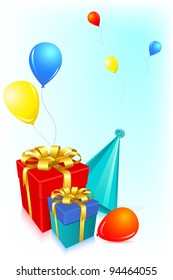illustration of birthday card with gift balloons and cap on white background