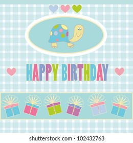 illustration of birthday card with turtle, hearts and gifts on abstract background