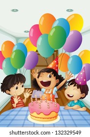 Illustration of a birthday celebration with balloons and cake