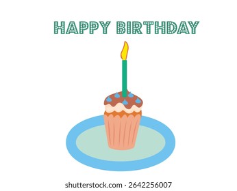 Illustration of a Birthday Cupcake with Candle and Celebration Message