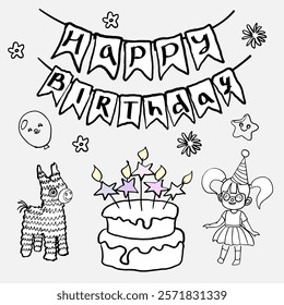 Illustration of a birthday. Cute vector image for birthdays, coloring pages, cards in freehand drawing style. A girl in a festive hat, flags, balloons, a cake.