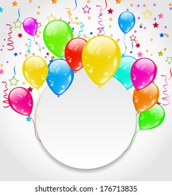 Illustration birthday invitation with multicolored balloons and confetti - vector