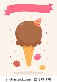 Illustration of a Birthday Party Ice Cream with Small Party Hat, Balloons, Confetti and Blank Ribbon