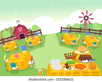 Illustration of a Birthday Party Set Up in a Farm with a Barn, Windmill and Fence