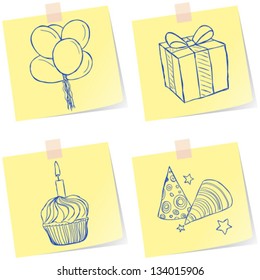 Illustration of birthday party sketches on paper notes