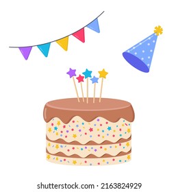   Illustration birthday party vector set. Element for fun anniversary day celebrate,  flags; cake, party hat; pike; start isolated on white. 