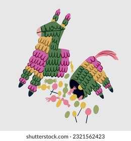 illustration of a birthday pinata doll split in half, candy falling
