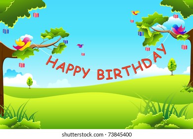 illustration of birthday text hanging with tree and birds flying with gifts