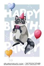 Illustration of a birthday-themed greeting card featuring a charming, playful raccoon with photo camera, and colorful air balloons on a soft blue gradient background, vector celebration poster