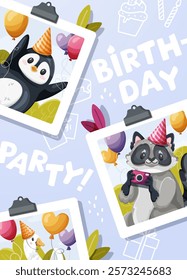 Illustration of a birthday-themed greeting card or poster featuring an adorable raccoon, goose, penguin, and colorful air balloons on a soft blue background with holiday doodles