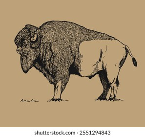 an illustration of bison with black and white colors isolated on light brown. vector hand drawing illustration