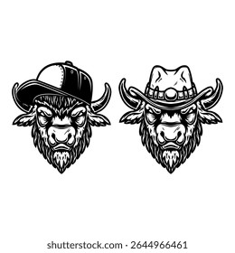 Illustration of bison in cowboy hat. Design element for t shirt, emblem, badge. Vector illustration
