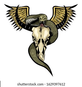 illustration of bison skull adn snake with angel wings for tattoo design or t-shirt