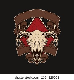 Illustration of a bison skull and horns wrapped around a ribbon on a red diamond background. It is suitable for apparel designs or for motorcycle club designs