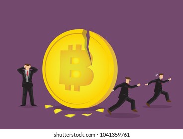 Illustration of Bitcoin breaking with businessmen running away. Concept of the collapse cryptocurrency industry.