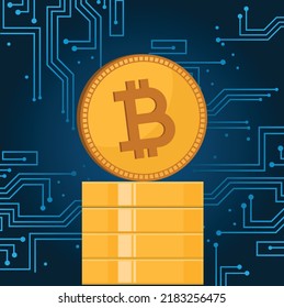 Illustration einer Bitcoin-Münze auf einem Stapel von Münzen mit technischem Hintergrund 