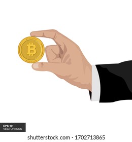 Illustration of Bitcoin coins in hand. Vector illustration