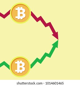 Illustration of bitcoin growth versus reduce on yellow background